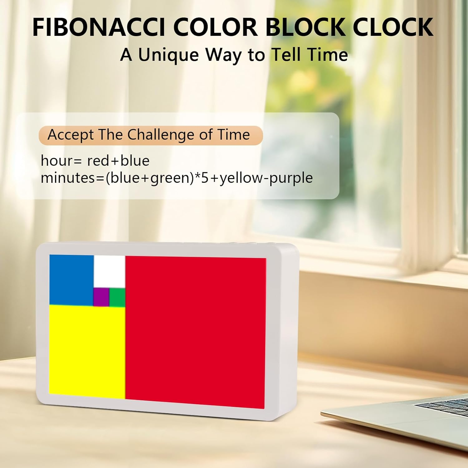 Fibonacci Math Desk Clock - Dynamic Color Display Timepiece with Bluetooth Sync, Dimmable LED Home Office Decor, Educational STEM Adults & Math Enthusiasts image number 2
