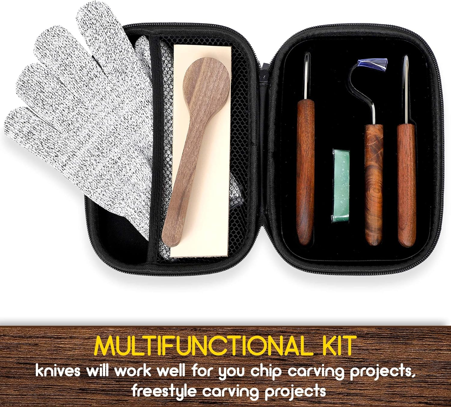 Wood Carving Tools Set-Woodworking Kit with Hook Carving Knife-Whittling Knife-Cut Resistant Gloves-Storage Case-Detail Wood Carving Equipment for Spoon, Bowl-Kuksa Cup or General Woodwork