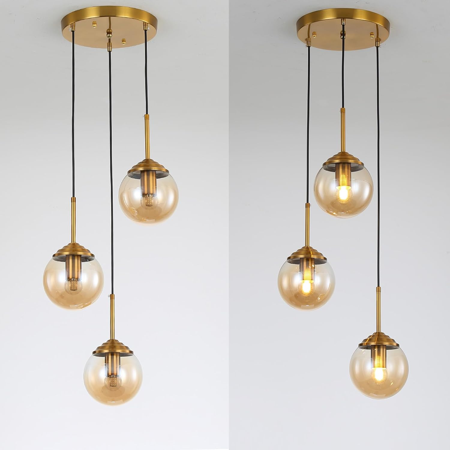 Industrial Vintage 3 Lights Pendant Light,Glass Globe 3 Pendants Ceiling Light, Brass E27 Hanging Lamp Cluster over Kitchen Island & Dining Room Table (Amber) image number 6