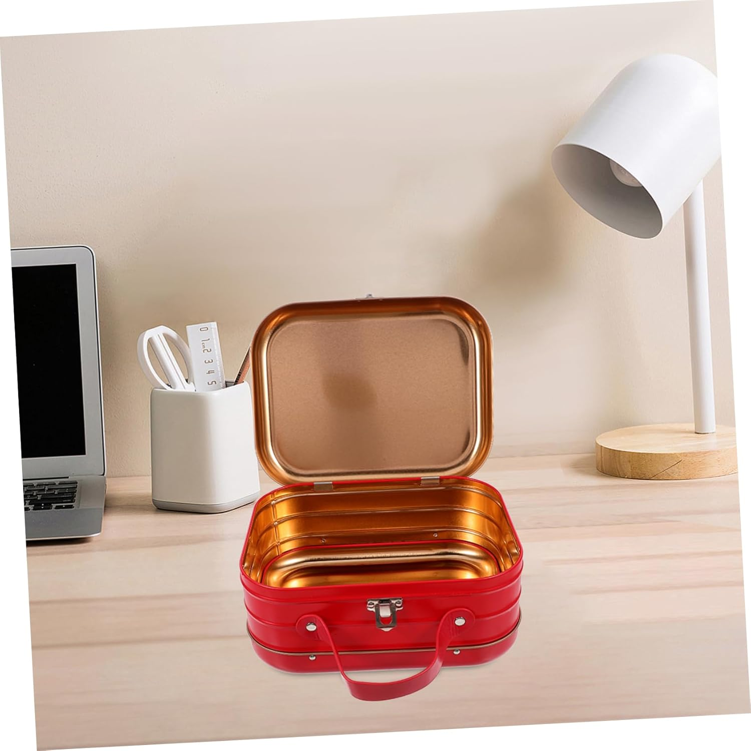 Portable Tinplate Suitcase Box Keepsake Jewelry Travel Box Small Storage Container Handle image number 2