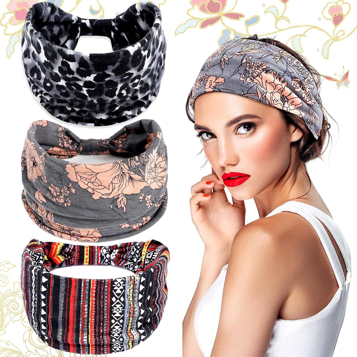 Soundzero Pack of 3 Women'S Hair Bands, Extra Wide Hair Bands, Yoga Sports Hair Accessories, Women'S Hair Bands, Wide Headband, Elastic Headband, Boho Printed Headbands (3 Colours) image number 5