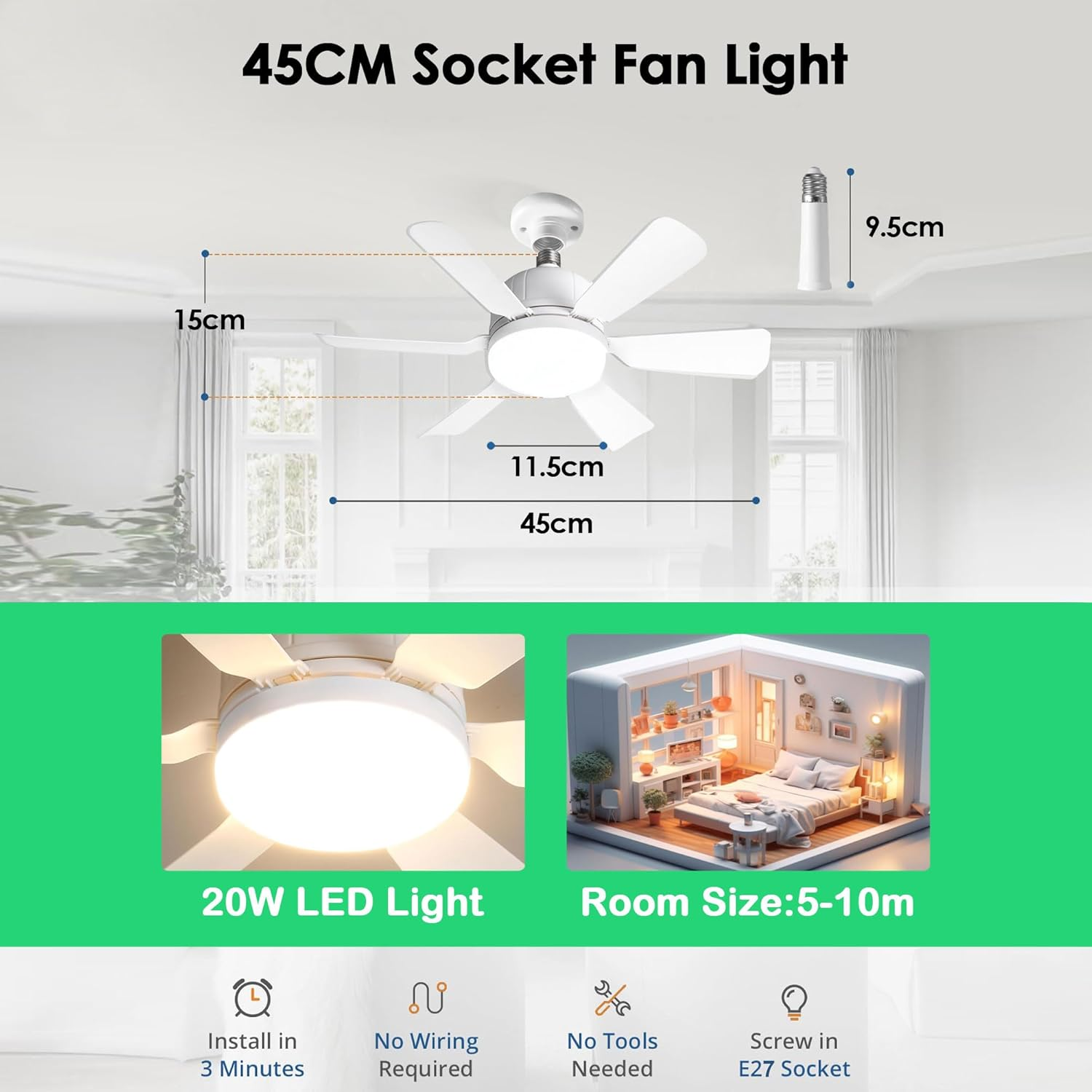 TUXOIUBA Socket Ceiling Fan Light with Remote and 1 Socket Extender, E26/E27 Based Easy Install, 3 Color Stepless Dimming, 3 Speeds, Dimmable LED for Bedroom, Kitchen and Living Room image number 5