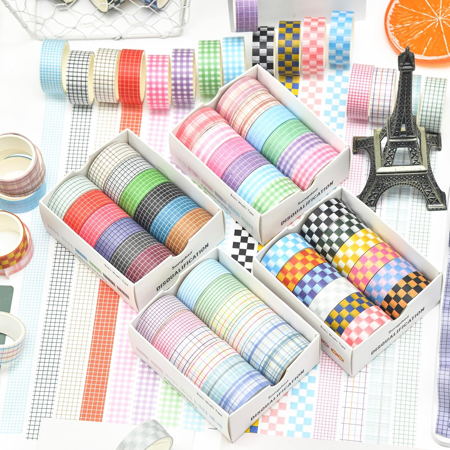 Songdao 12 Rolls Grid Washi Tape Set Plaid Arts Adhesive Tapes Basic Patterns Decorative Masking Tape Sets for Craft, Kids, Scrapbook, DIY, Gift Wrapping (Style One) image number 1