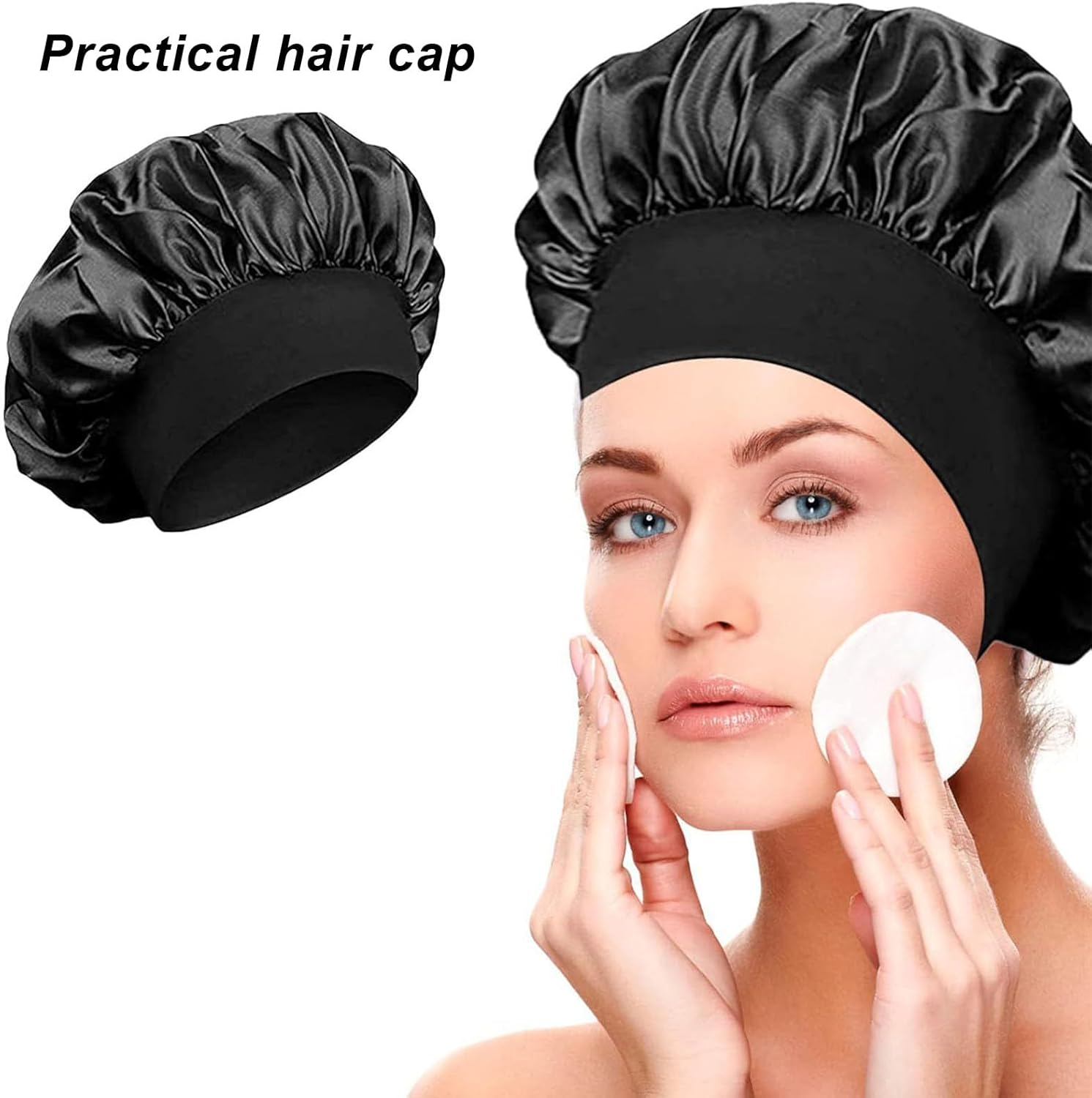 Wesoke 2Pcs Satin Bonnet Silk Bonnets for Sleeping, Women Hair Bonnet for Curly Hair Braids, Large Sleep Cap Reusable Bath Shower Cap for Woman Men (Black) image number 4