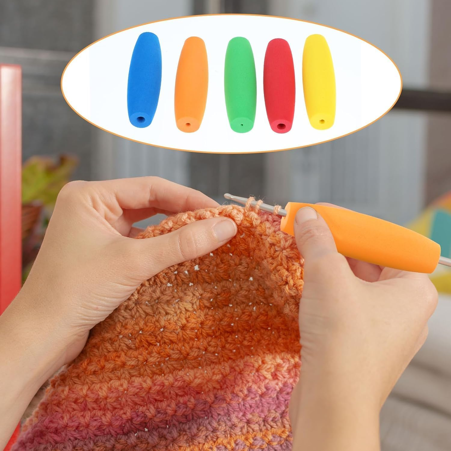 Linyongc EVA Crochet Hook Grips, 5Pcs Anti-Slip, Soft, Fits 2Mm-10Mm Hooks, Green, Orange, Yellow, Red, Blue image number 6