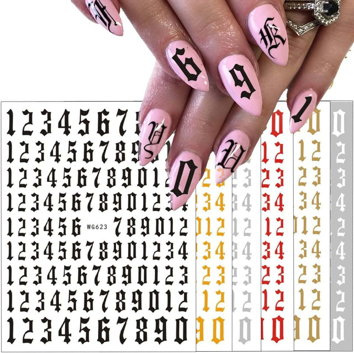 Number Nail Art Stickers, Luxury 3D Laser Nail Decals Self Adhesive Nail Art Stickers for Women Girl Nail Decorations 6 Sheets image number 1