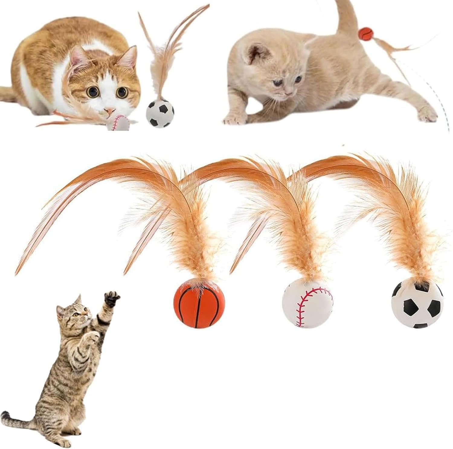 2025 New Interactive Cat Feather Ball Toy Set - Elastic Bouncy Cat Toys with Feather Tails, Silicone Rolling Balls for Indoor Cats & Kitten Exercise, Safe & Fun Play (3 Set) image number 3