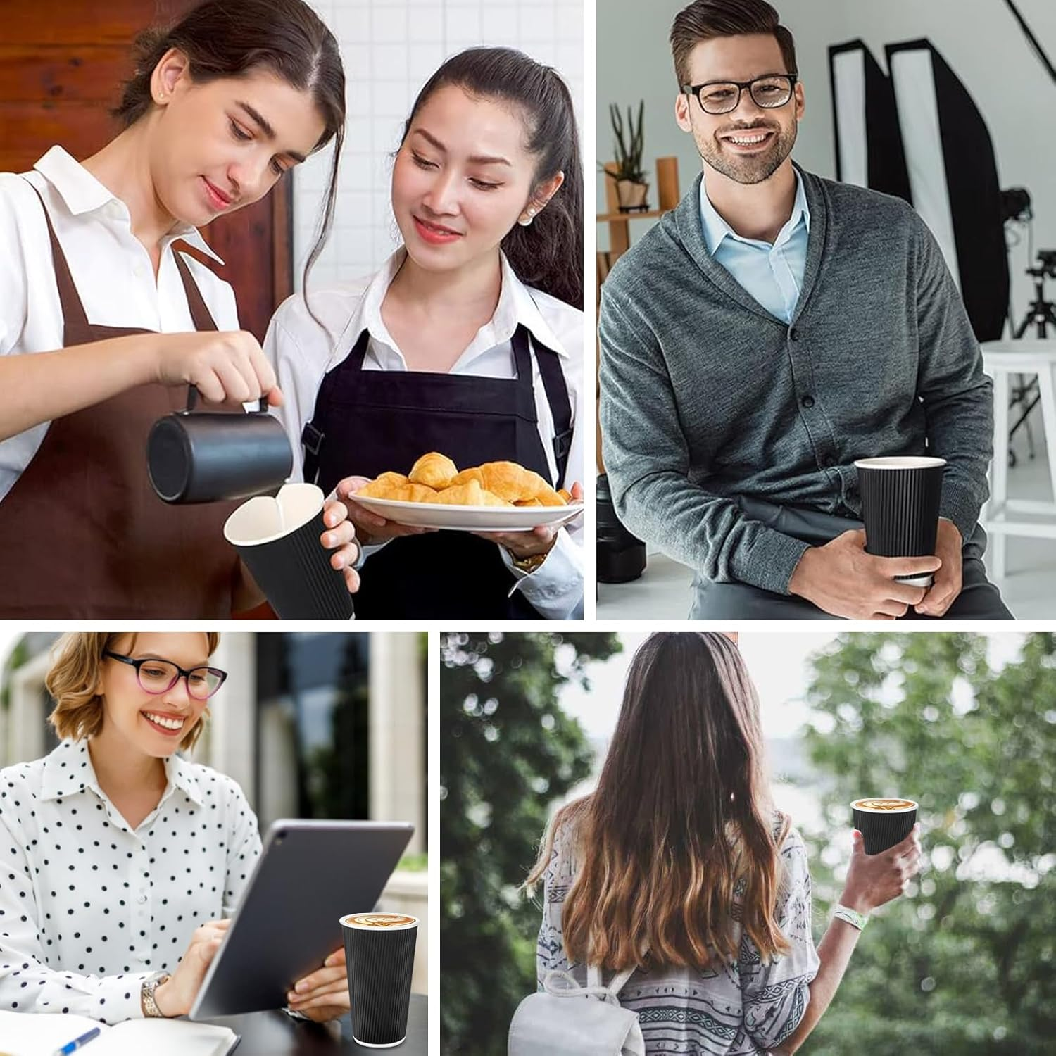 COHGUDA 50 PCS Disposable Paper Coffee Cups with Lids, 16 Oz Insulated Paper Cups for Hot and Cold Drinks, Corrugated Ripple Wall Cup Suitable for Party Travel (16Oz) image number 5