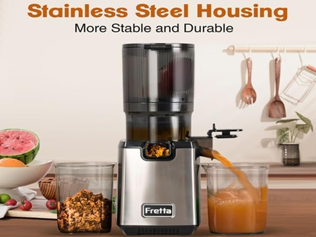 Fretta Slow Juicer, Cold Press Masticating Juicer, Citrus Juicer with 140Mm Large Feed Chute, Fit Whole Vegetables & Fruits, Reverse Function, Easy to Assemble, Stainless Steel, 250W BPA Free image number 2