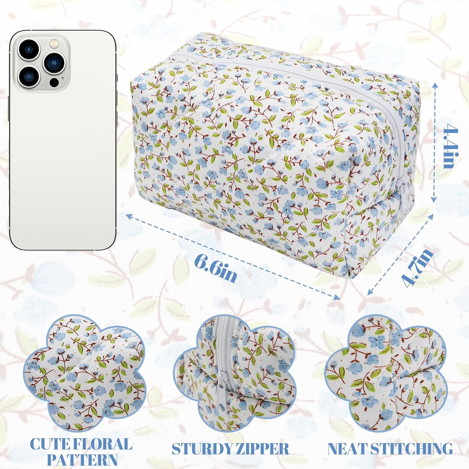 Cotton Quilted Makeup Bag, Cute Pouch Toiletry Bag Cosmetic Bag Quilted Floral Organizer Bag Travel Coquette Aesthetic Portable Storage Zipper Purse for Women, Blue, Cute - Pink image number 4