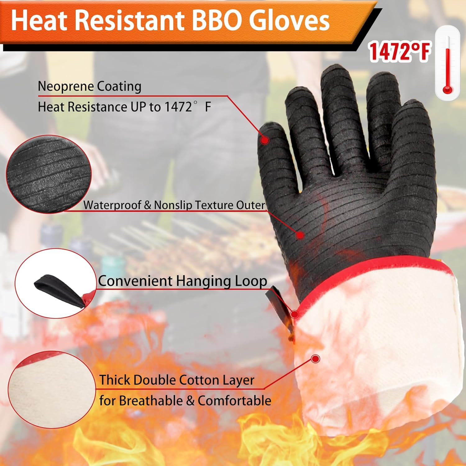 JENPOS BBQ Gloves - 1472&deg;F Thicken Heat Resistant Gloves W/S-Hook 14 in Kitchen Oven Mitts Waterproof Grill Gloves Oil Resistant Grilling Gloves Cooking Gloves for Turkey Fryer/Baking/Oven/Smoker image number 4