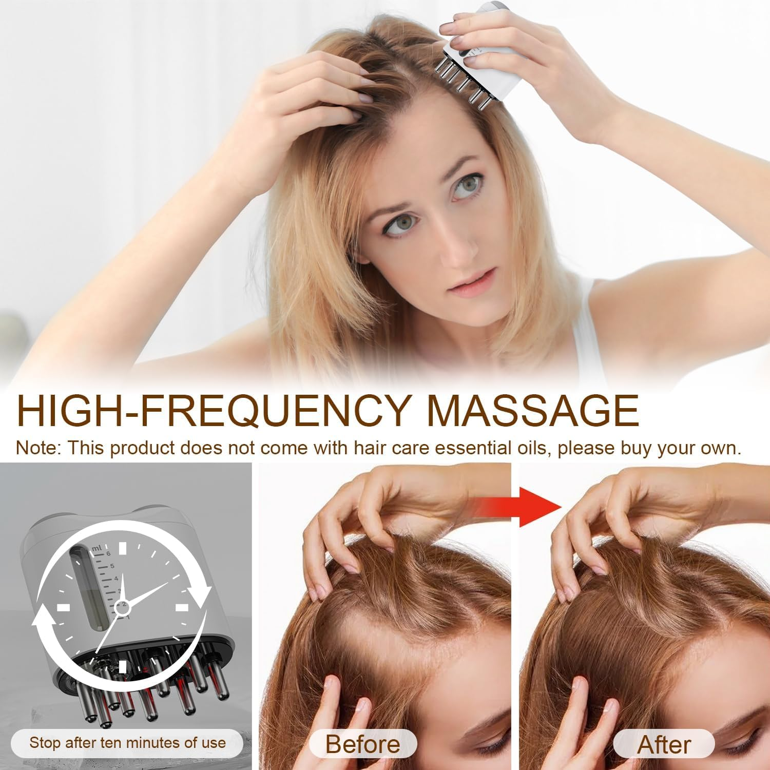 Electric Hair Brush & Scalp Massager with Oil Dispenser, Mess-Free Applicator for Nourishing Scalp and Hair Care, Rechargeable with USB Cable, Travel-Friendly, White image number 5