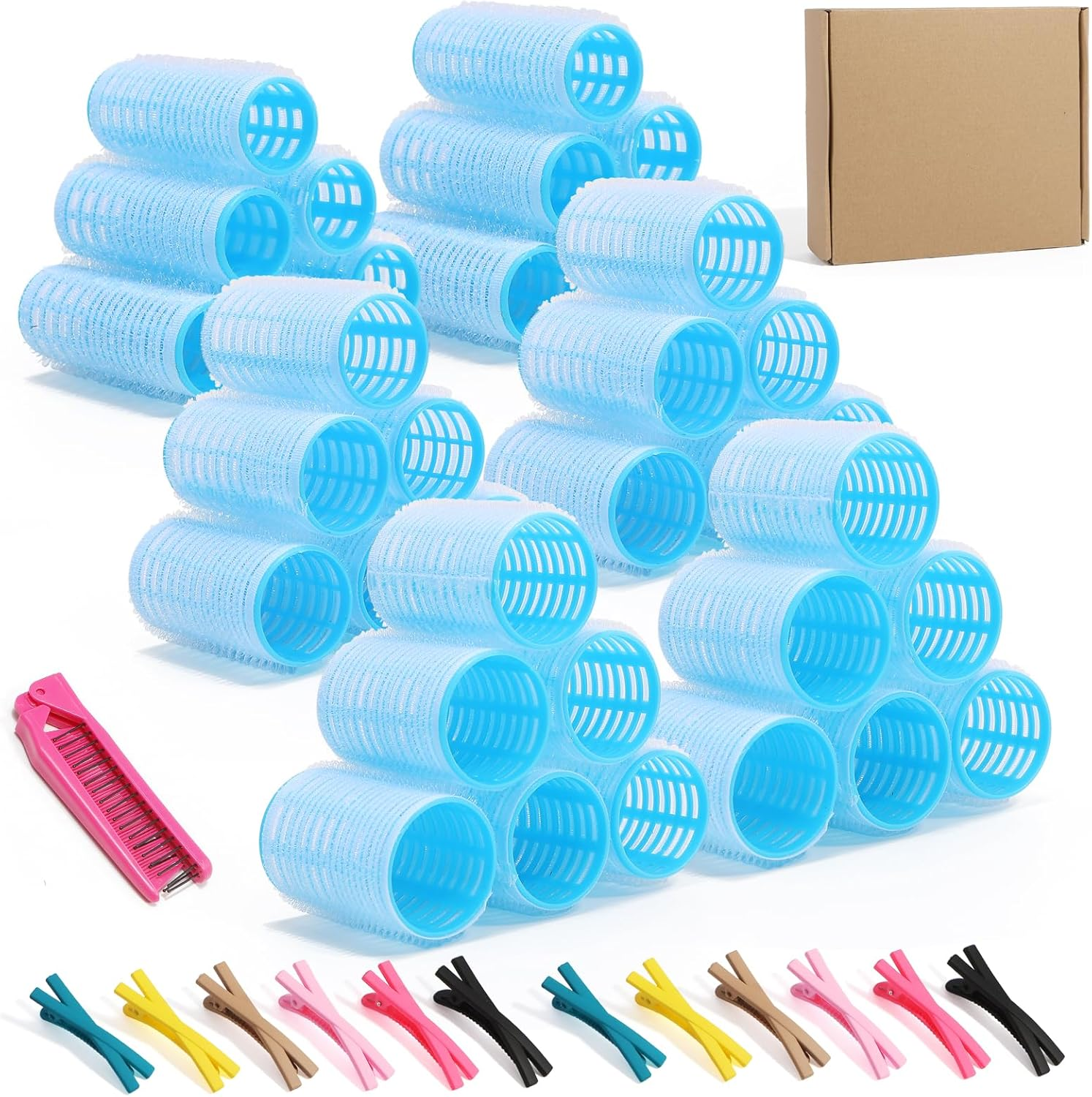 43PCS Self Grip Hair Rollers Set for Long Thick Hair &ndash; 4 Sizes Curlers (25Mm-60Mm) with 18 Extra-Large Clips & Folding Comb &ndash; Heatless Hair Curlers for Volume & Waves