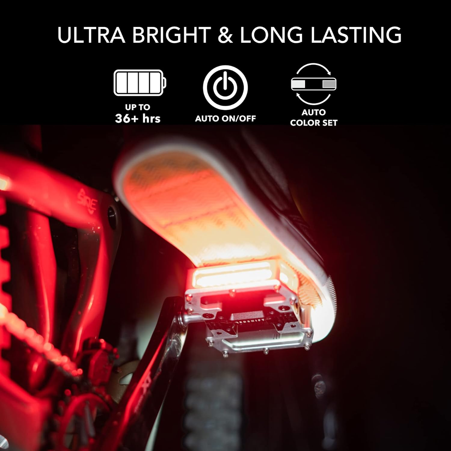 REDSHIFT ARCLIGHT PRO Flat Bicycle Pedals with LED Lights, Auto On-Off, 36+ Hr Battery, USB Rechargeable, Weatherproof, Flat Aluminum Bike Pedal with 9/16In Steel Spindle and Traction Pins image number 3