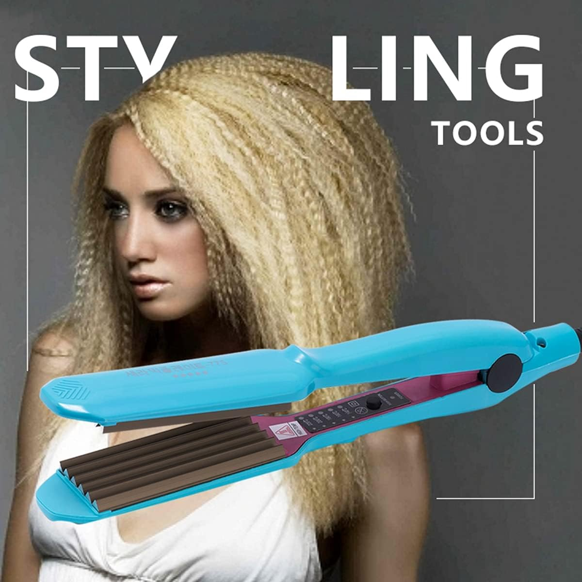 Corrugated Iron Crimped Hair Waving Iron Electric Hair Crimper Curler Irons Beauty Styling Tools Dry & Wet Use with Temperature Control (Blue) image number 2