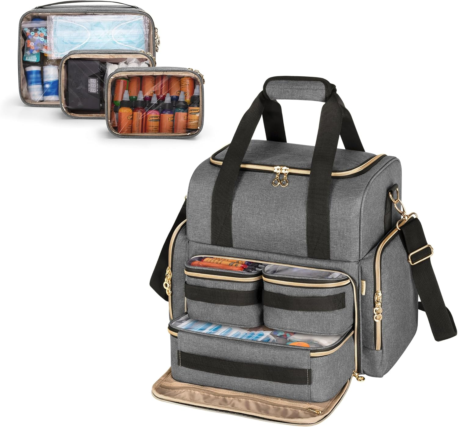 LUXJA Large Tattoo Travel Case with 3 Removable Pouches, Tattoo Supplies Organizer for Tattoo Stencil Printer and Tattoo Kit, Purple