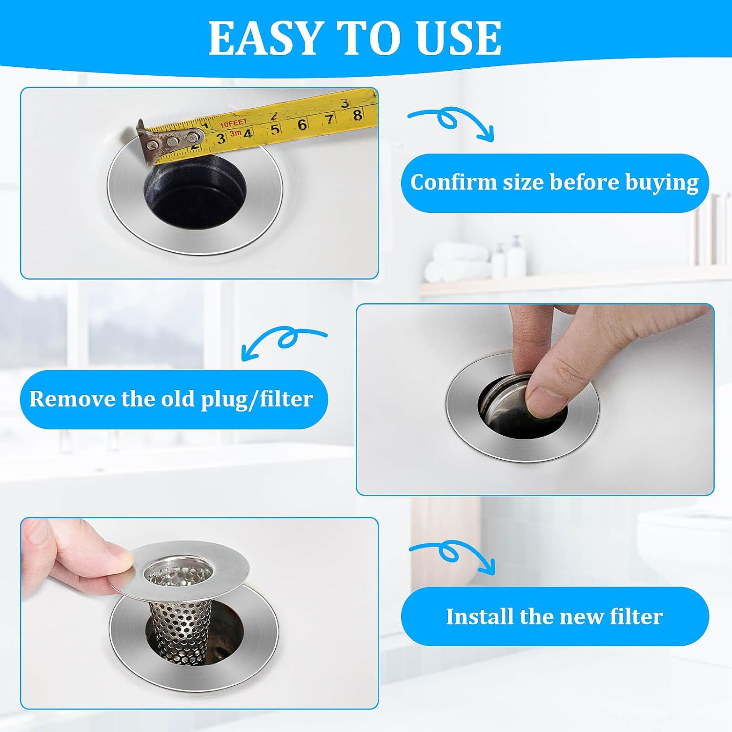 Dayker 3PCS Bathroom Sink Drain Strainers, Stainless Steel Hair Catcher, Cone Shaped Floor Drain Replacement Fit Hole Size 1.2"-1.6", for Laundry Floor Drain, Bathtub, Kitchen Slop Basket Filter Trap image number 1