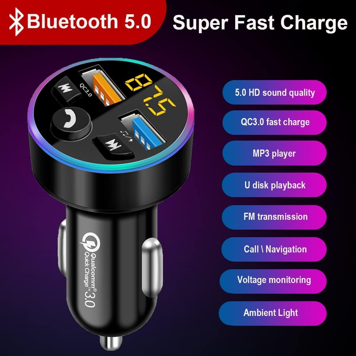 FM Transmitter, FM Transmitter Car, Bluetooth 5.0 Car Radio Audio Adapter MP3 Player with QC3.0 + 2.4 a Dual USB Charging Port, Support for Hands-Free Calling, U Disk, Voltage Detection, Ambient Light image number 5