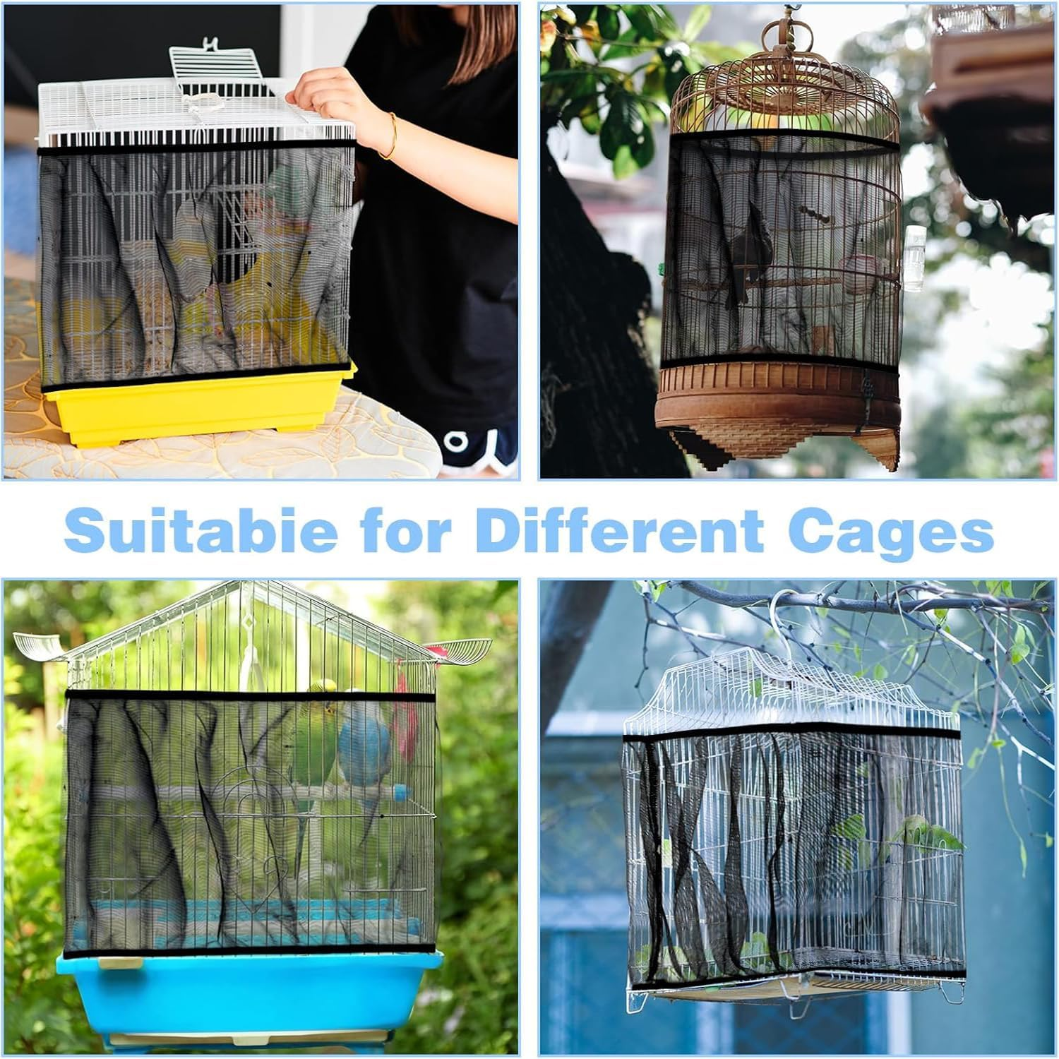 Tjhypenete 2 PCS Bird Cage Cover, Universal Bird Cage Seed Catcher, Ventilated Nylon Large Size Bird Cage Cover, Parrot Guard Net Cover, Birdcage Mesh Stretchy Skirt for Parakeet round Square Cage