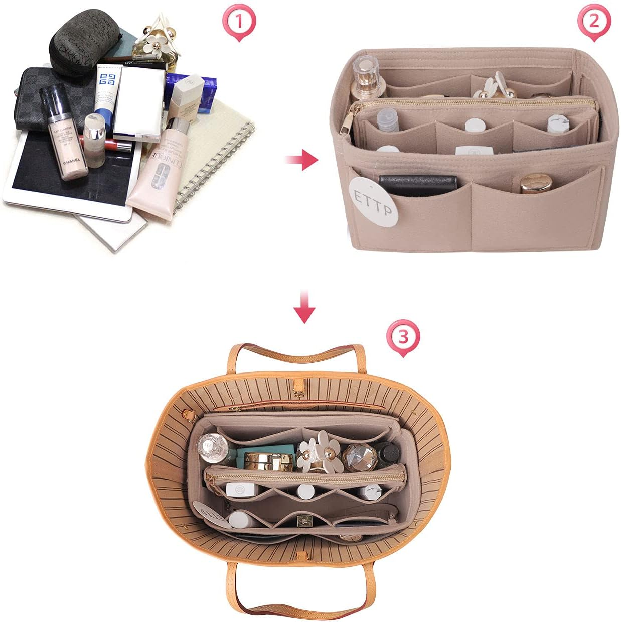 Purse Organizer Insert, Felt Tote Organizer Insert with Metal Zipper, Handbag Organizer for Speedy, Neverfull, Tote, Handbag, 7 Colors 5 Sizes, Beige, X-Large image number 2