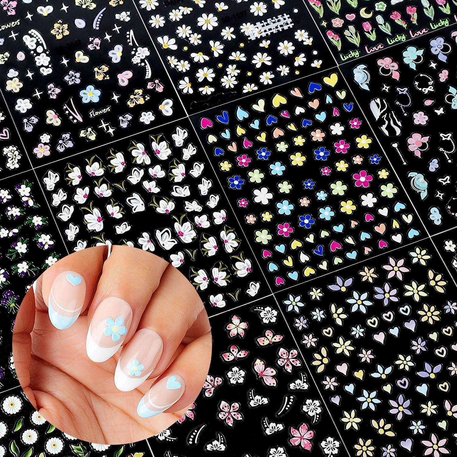 Nicedeco 15 Sheets Flower Nail Art Stickers Floral Nail Decals Self-Adhesive Nail Supplies Nail Art Design Decoration 001