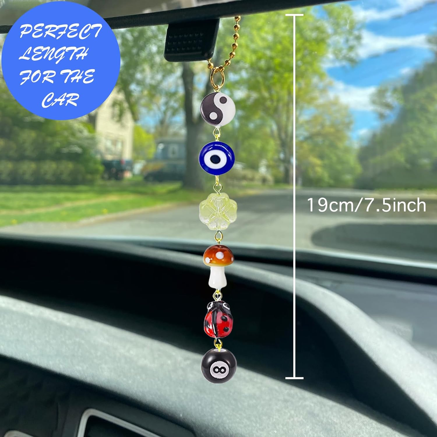 Evil Eye Car Hanging Ornament,Good Lucky Days Car Charm,8 Ball Mushroom Four-Leaf Clover Pendant for Car Rear View Mirror,Cute Boho Evil Eye Ladybug Yin Yang Symbol Car Decor Accessories image number 3
