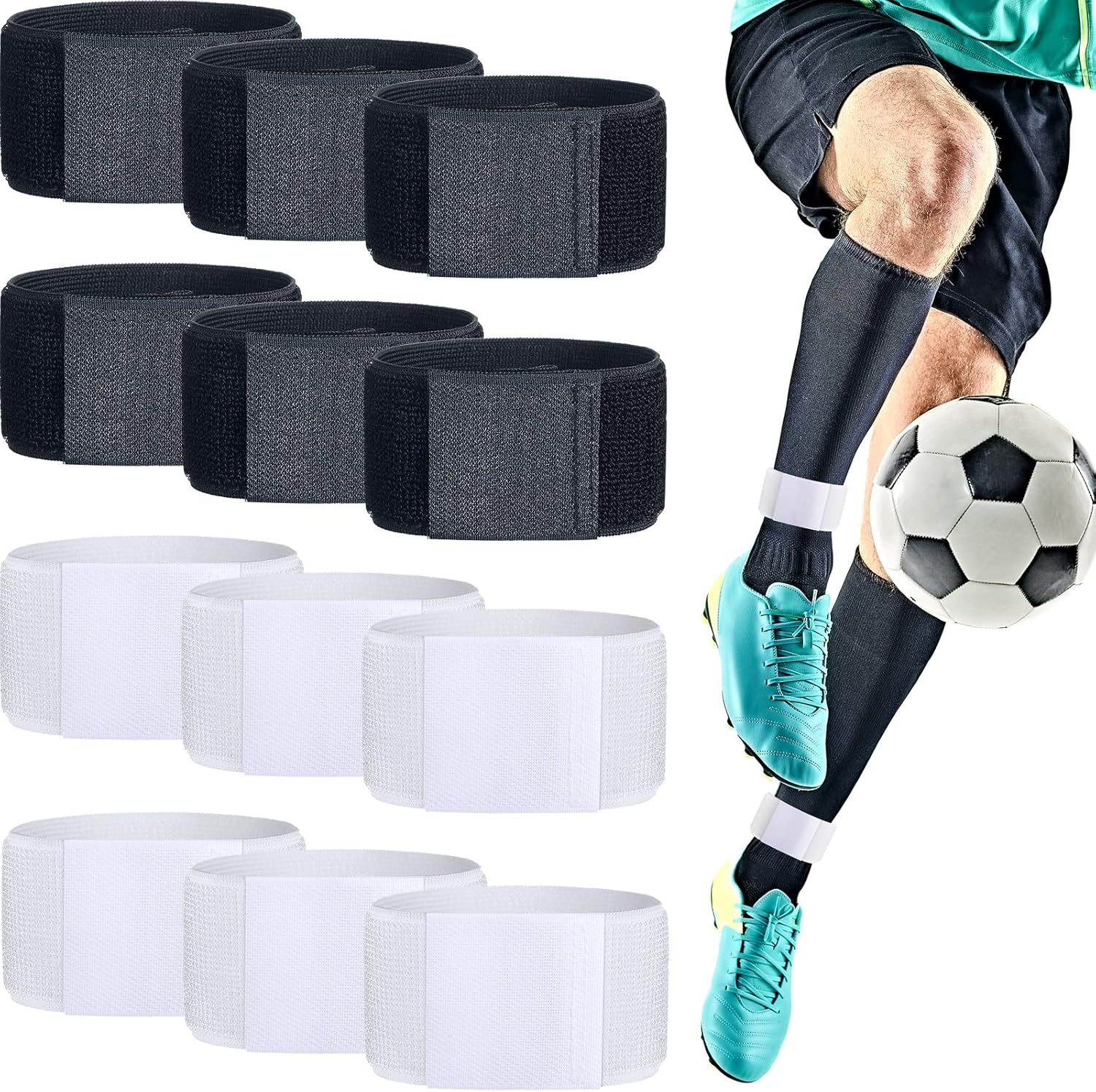 Liliful 12 Pcs Soccer Shin Guard Straps anti Slip Shin Guard Stays Legging Shin Guard Holders Football Socks Shin Fixed Straps for Sports Kicking Ball Running Cycling Youth Adults, Black and White image number 2