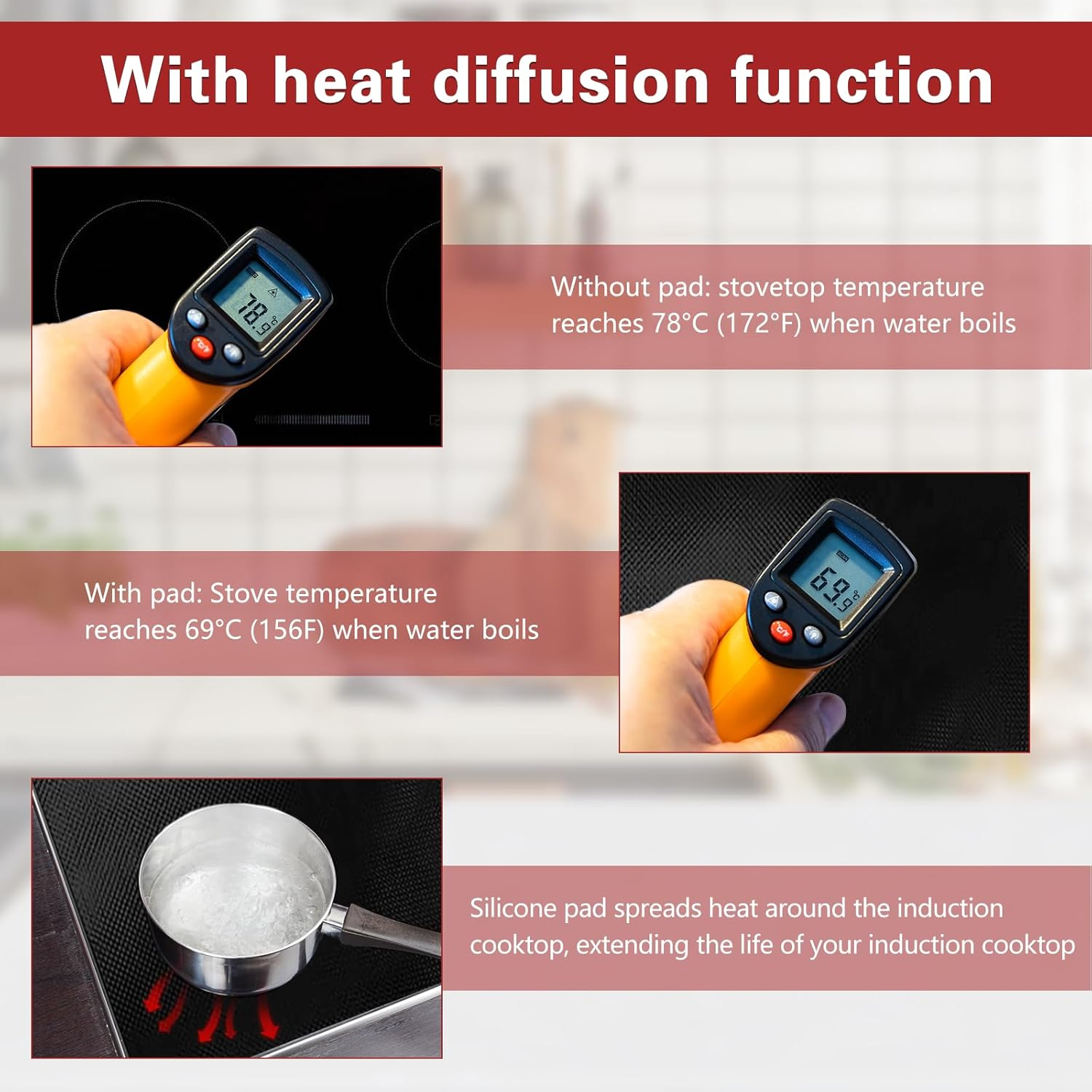 Westch 40X60Cm Large Induction Protective Mat, Silicone, Non-Slip, Heat-Insulated, Black, Induction Hob Protector, Induction Mat image number 3