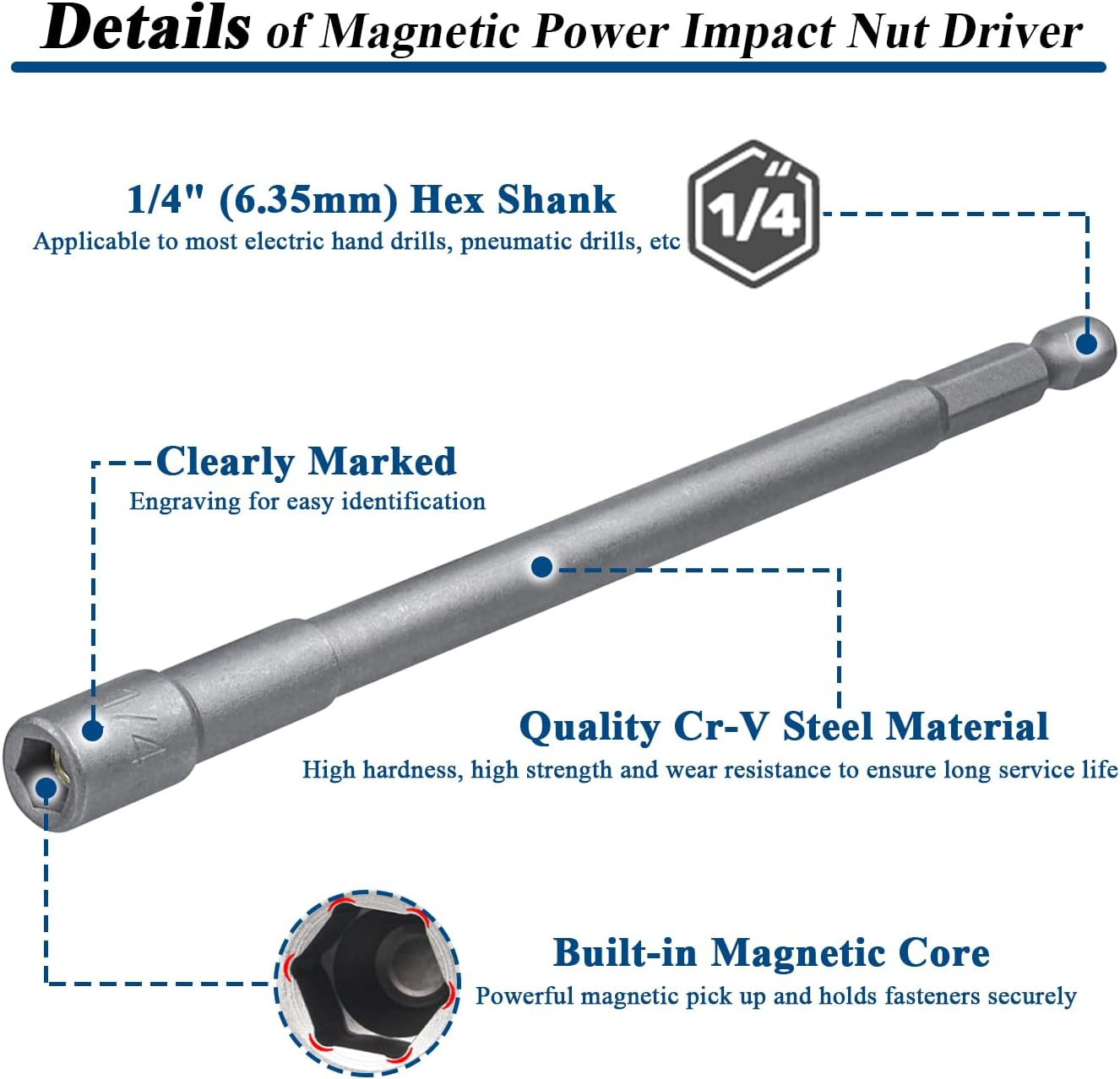 Bestgle 6 Pcs Magnetic Power Impact Nut Driver Set 1/4 Inch Hex Shank Professional Grade Socket Nut Setters for Electric Hand Drill/Lithium Drill/Pneumatic Screwdriver/Impact Driver, 150Mm Length image number 2