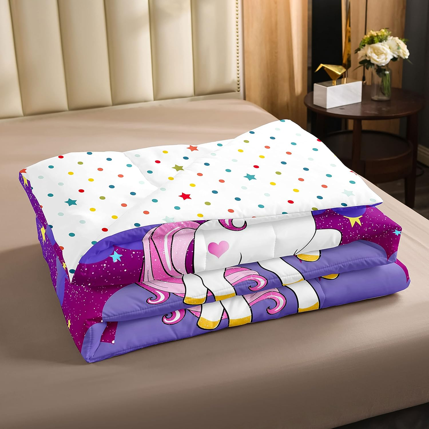 Girls Unicorn Comforter Set Twin Girls Bedding Set Cute Rainbow Unicorn Print down Comforter Kids Cartoon Kawaii Duvet Set Galaxy Stars Fantasy Girls Room Decor Children Unicorn Reversible Purple image number 3