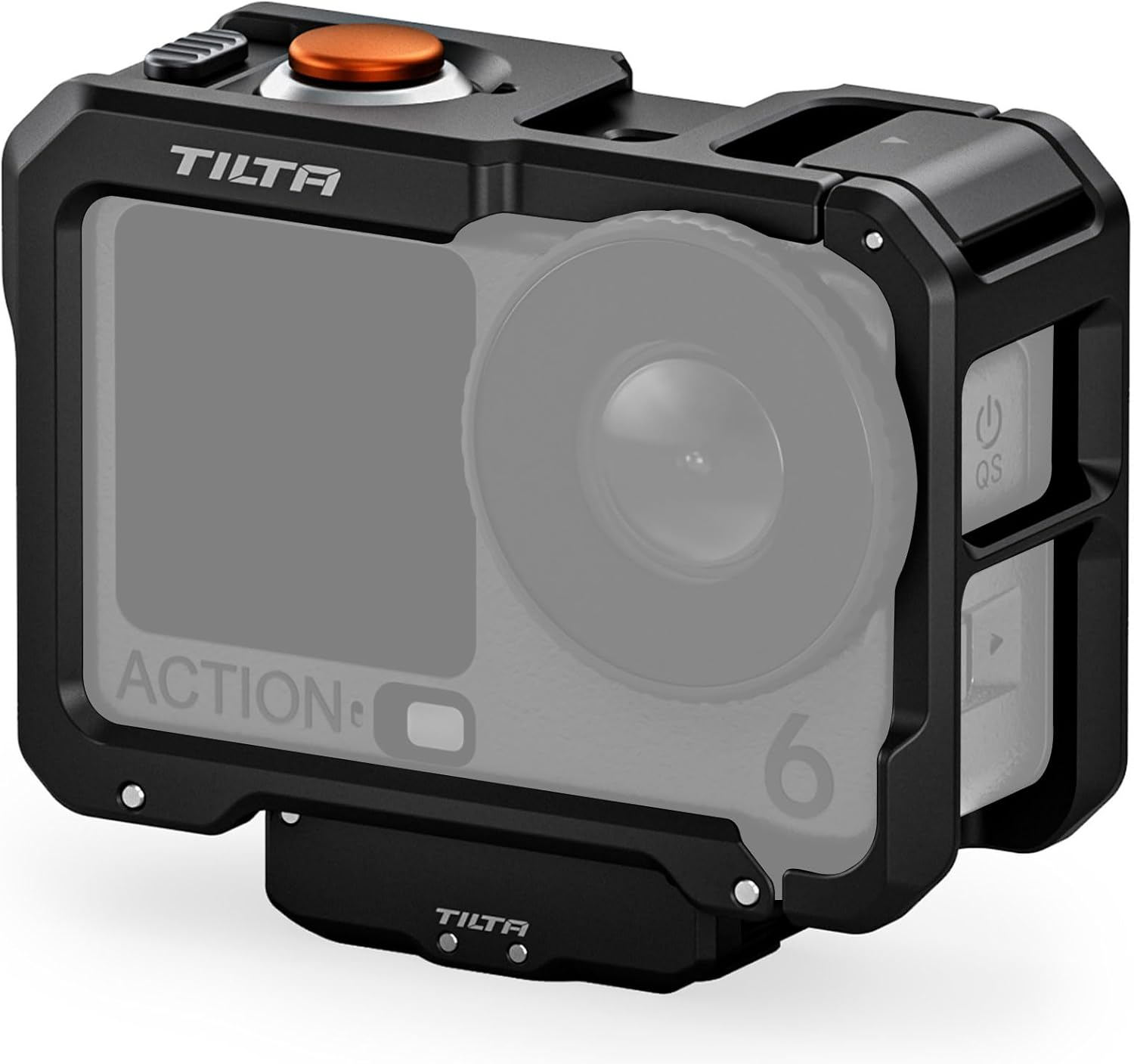 Tilta Full Camera Cage Compatible with DJI Osmo Action 6 | 1/4"-20 Thread with Locating Points | Cold Shoe Receiver | Button Extension | Battery Door & Card Slot Open Access | Black