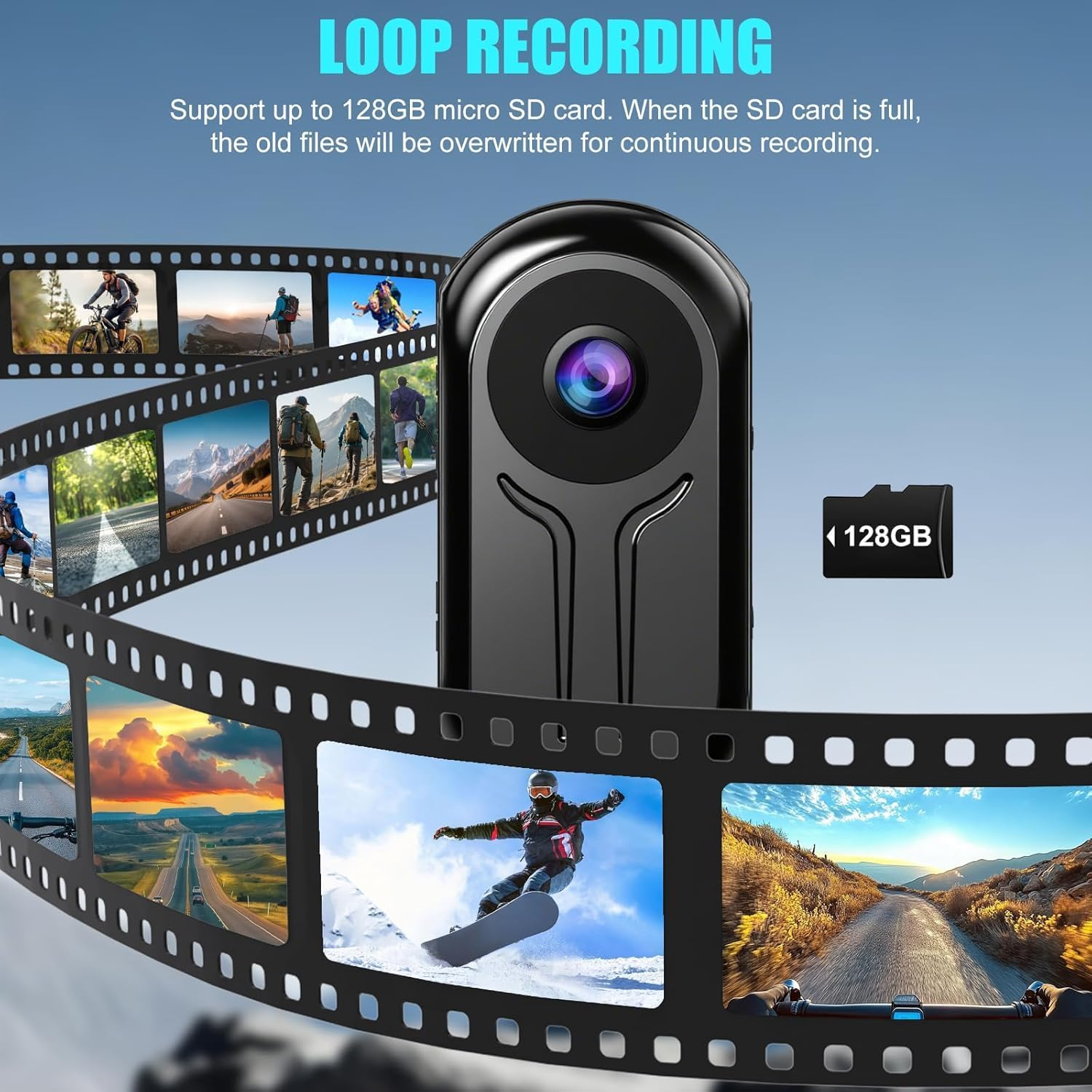 360 Action Camera with 128 GB Card, Mini Action Bodycam Night Vision with 0.85" Screen, Magnetic 1080P Motorcycle Helmet Camera, POV Vlog Body Video for Cycling and Travel-Black image number 3