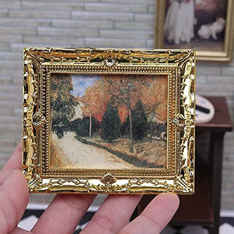 Acxico 3Pcs 1:12 Mini Miniature Gold Frame Art Wall Picture Oil Painting Home Decor