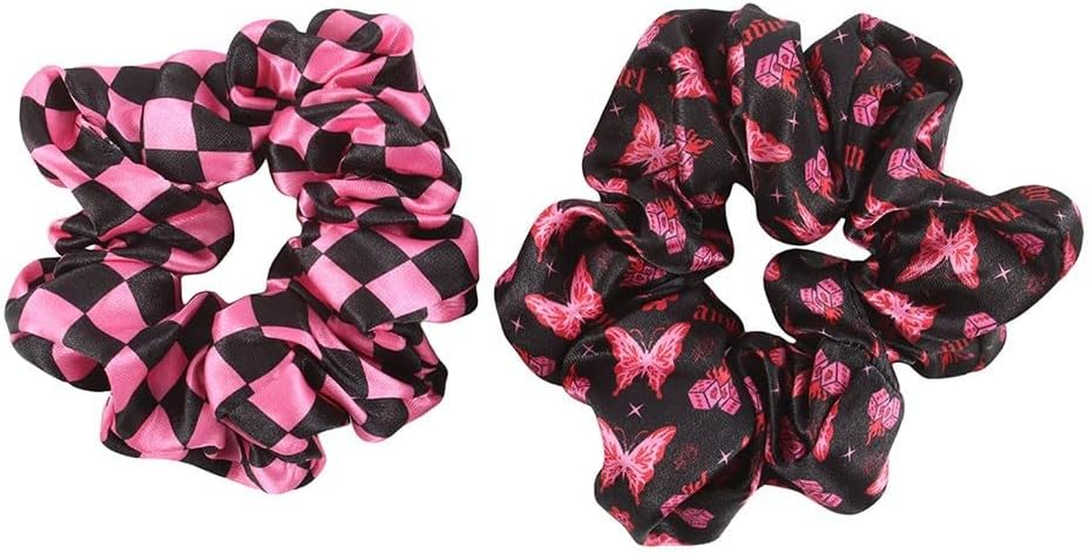 Rebel Butterfly and Checkerboard Hair Scrunchies Set, Black and Pink Polyester, 2 Pack