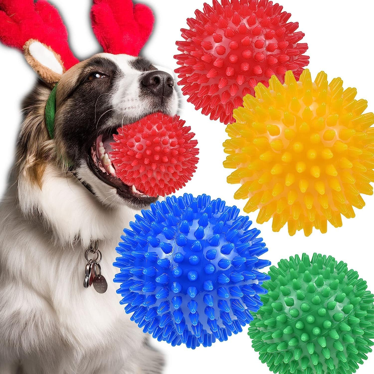 4 Pack Squeaky Dog Toy Balls for Medium Large Dogs, 3.5&rdquo;Dog Chew Toys for Teething Spiky Dog Balls for Aggressive Chewers Durable Dog Toys for Teeth Cleaning and Training (4 Colors-9Cm) image number 2