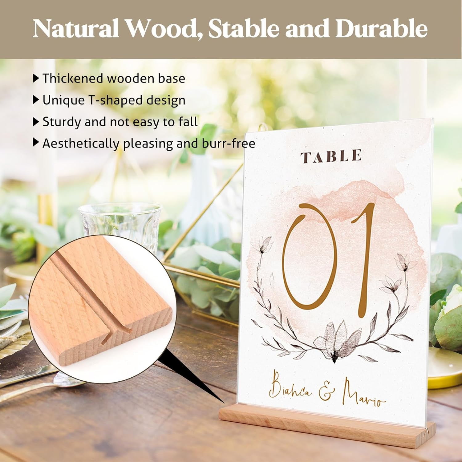Fayrvind 5 Pack A5 Acrylic Sign Holder with Wooden Base, T-Shape Perspex Display Holder, Double Sided Clear Menu Poster, Wedding Table Number Stands, Tabletop Sign Holder for Retailer Vendor Booth