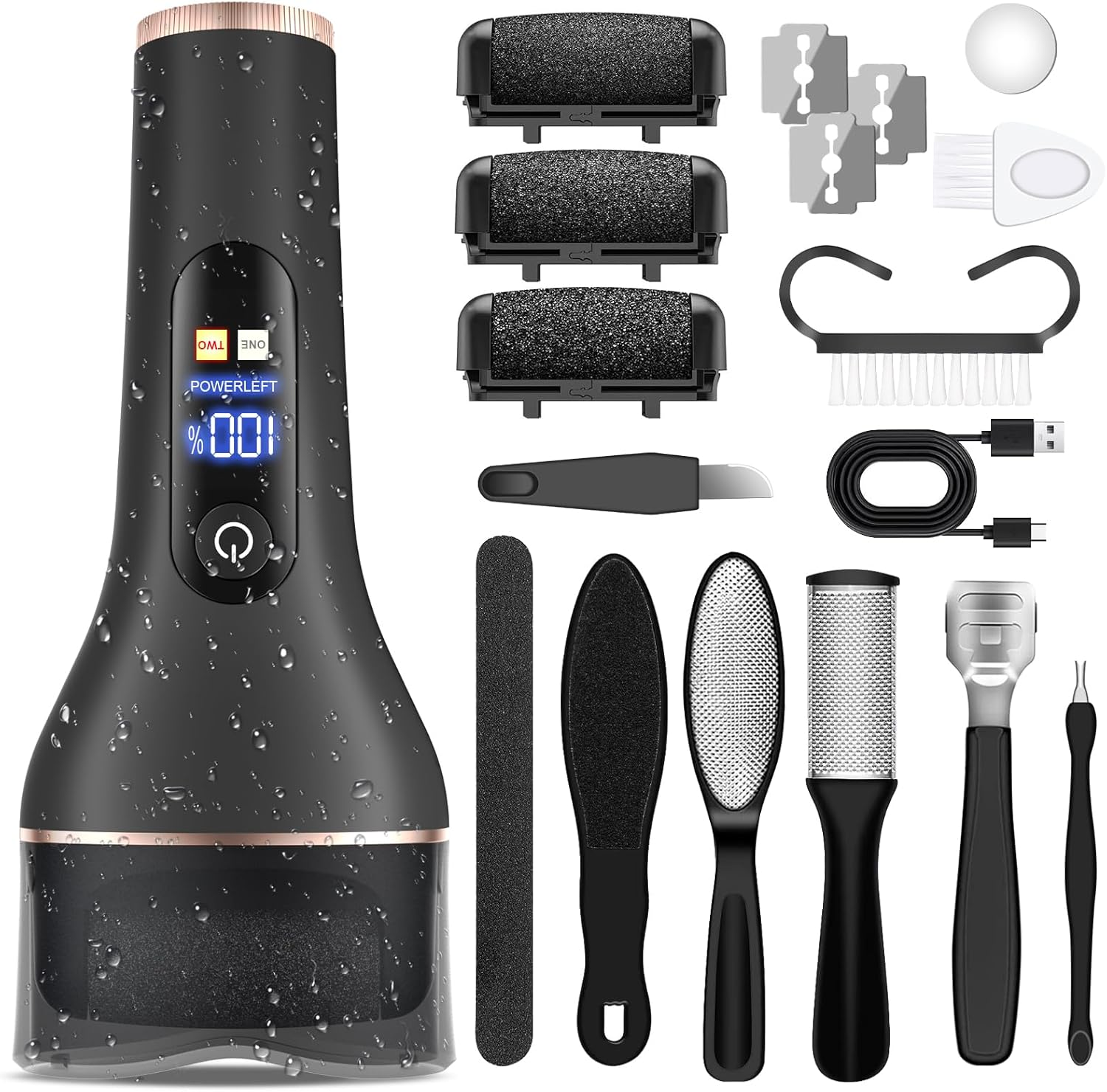 Electric Callus Remover for Feet,Professional Pedicure Kit Rechargeable Foot File Hard Skin Remover for Cracked Heels &Dead Skin,With 3 Roller Heads 2 Speed(Black N1)