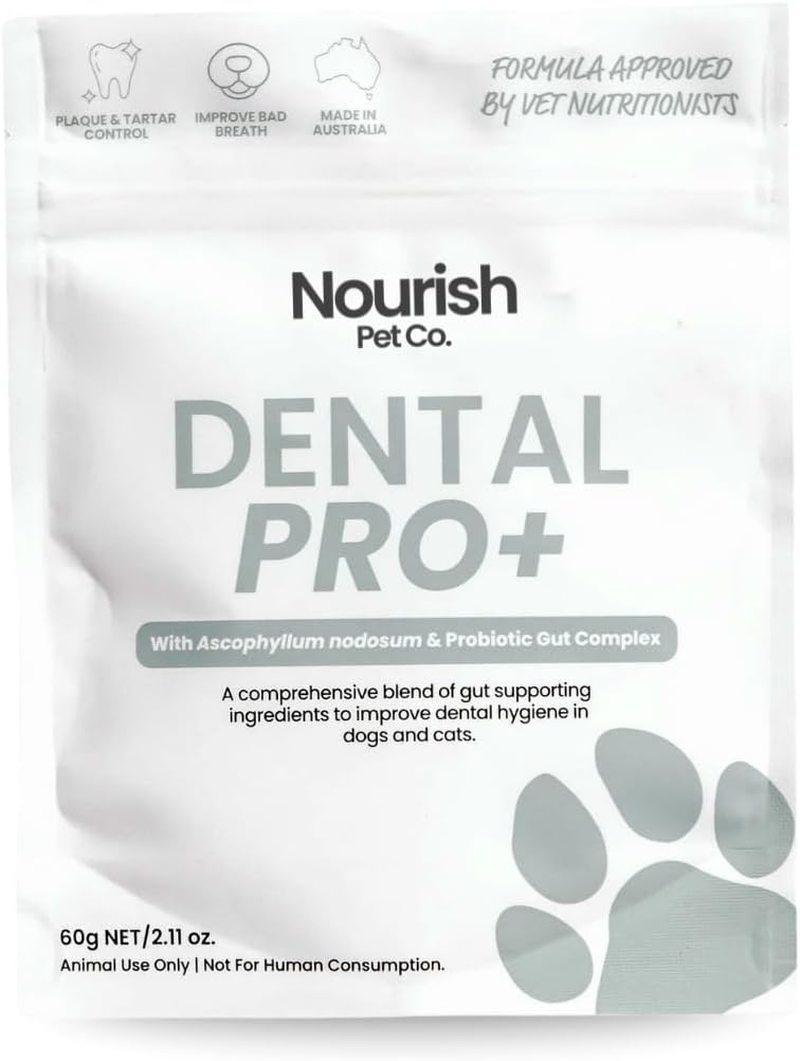 Nourish Pet Co. Dental Pro+ Pet Dental Powder, Cat & Dog Teeth Cleaning Powder, Breath Freshener, Fights Plaque and Tartar, Natural Ingredient Food Topper, 60G image number 1