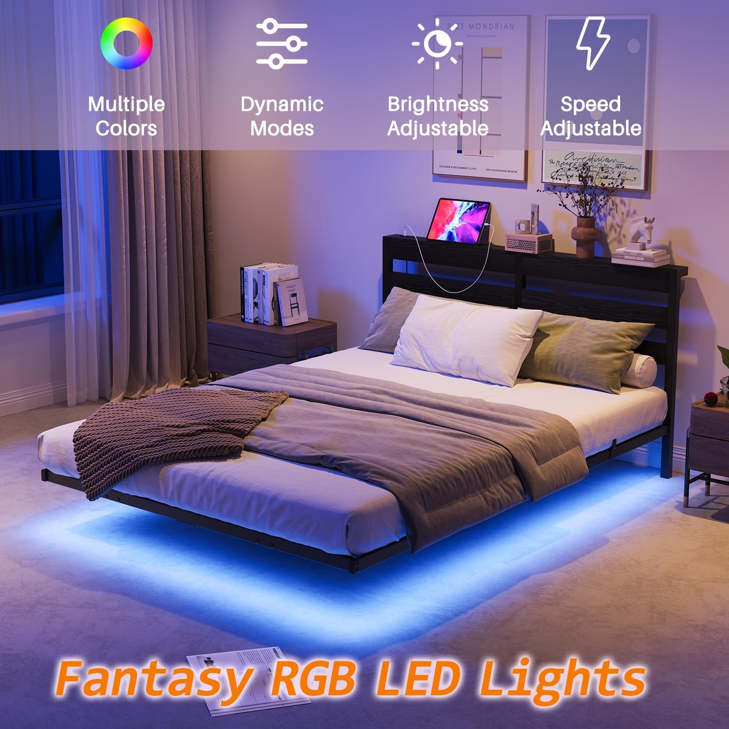 Double Floating Bed Frame with LED Lights and Storage Headboard &Charging Station, Metal Platform Bed Frame with Heavy Duty Steel Slats Black,No Box Spring Needed image number 3