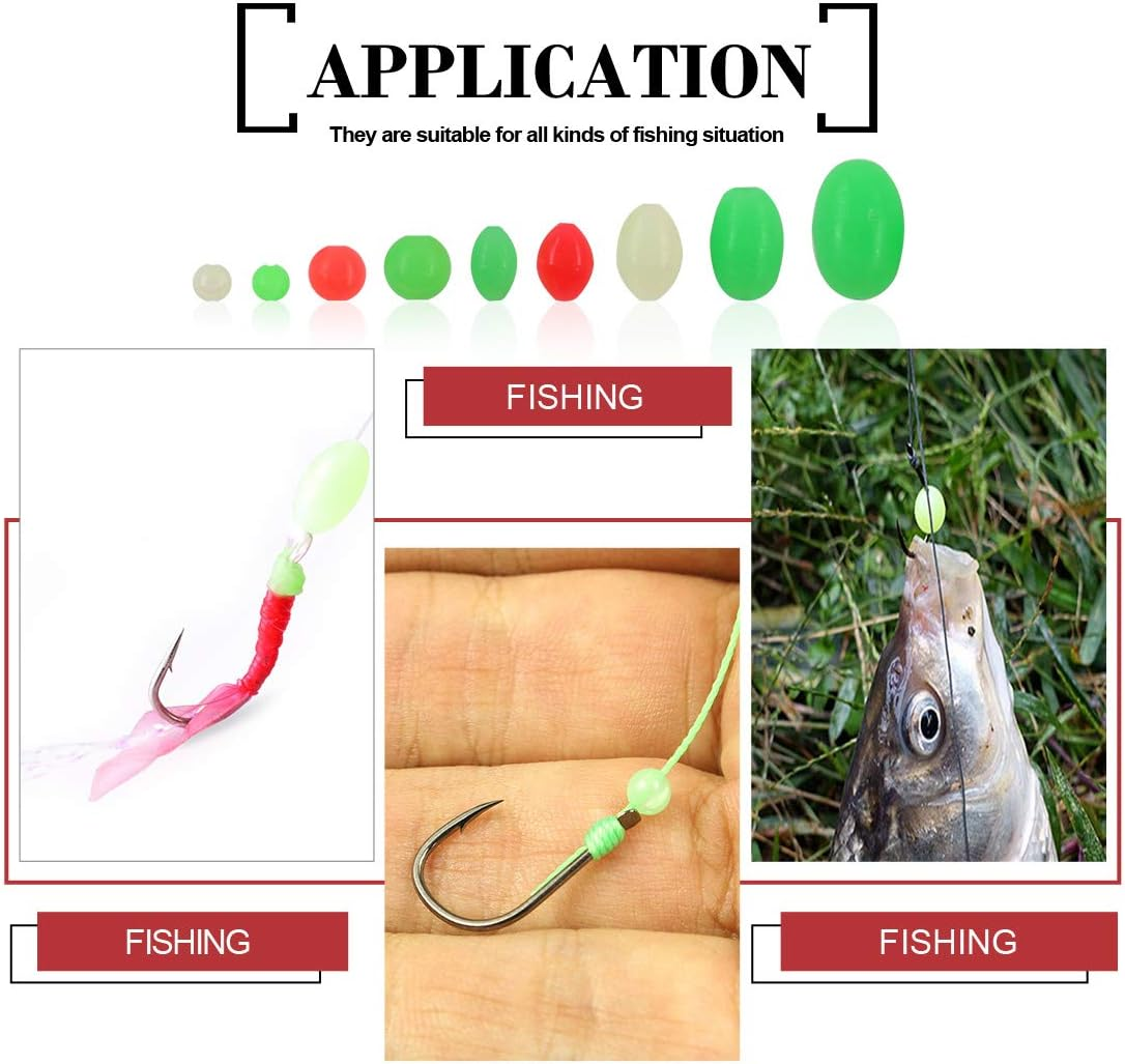 1050 Pcs 9 Sizes All Luminous Fishing Beads Assorted Soft Plastic Oval round Shaped Glow Eggs for Stream Pool Lake River Fishing (All Glow in the Dark)