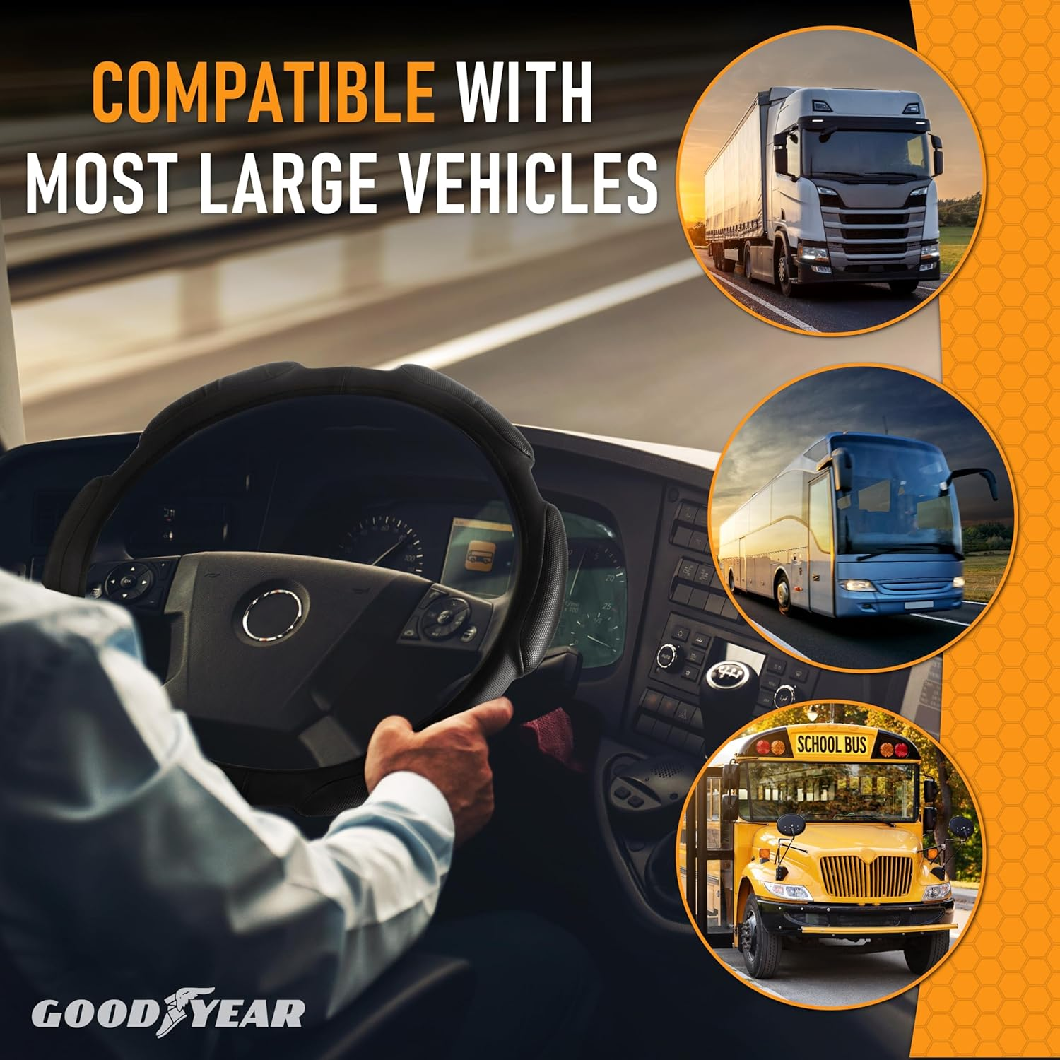 Goodyear Bus and Truck Steering Wheel Cover (18 INCHES) &ndash; Semi Truck, Vegan Leather Grip, Non-Slip, Comfortable, Heavy-Duty Protection Steering Wheel Cover image number 1