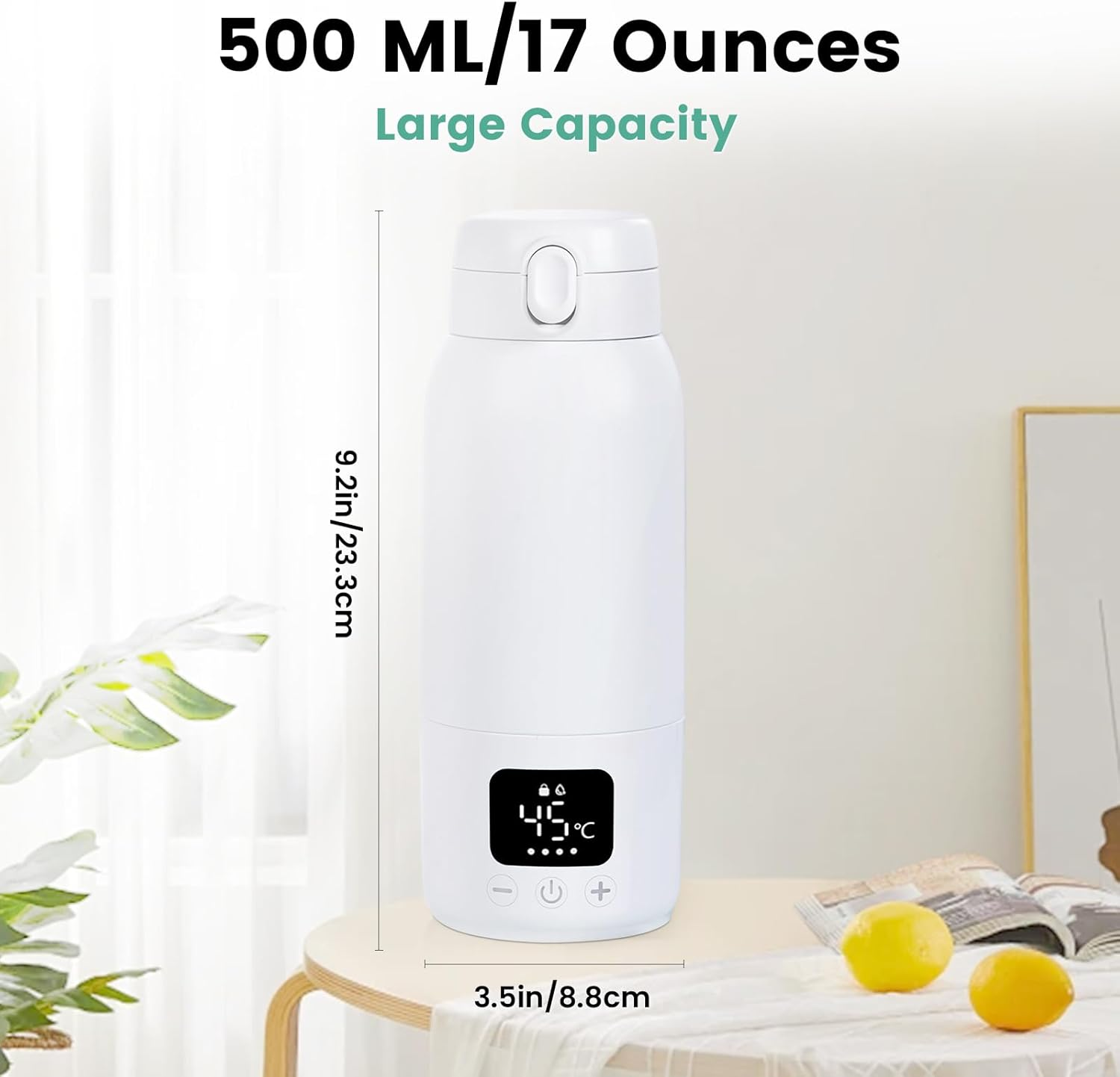 Portable Bottle Warmer, Fast Heating Portable Milk Warmer, 500ML Large Capacity Milk Bottle Warmer for Breastmilk/Formula with Accurate Temp Control, 11000Mah Baby Bottle Warmer with LCD Display image number 4