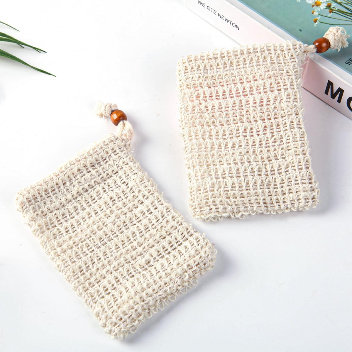 Alnicov 5 PCS Sisal Soap Bag Shower Bath Organic Exfoliating Soap Pouch with Drawstring for Foaming Bathing image number 5