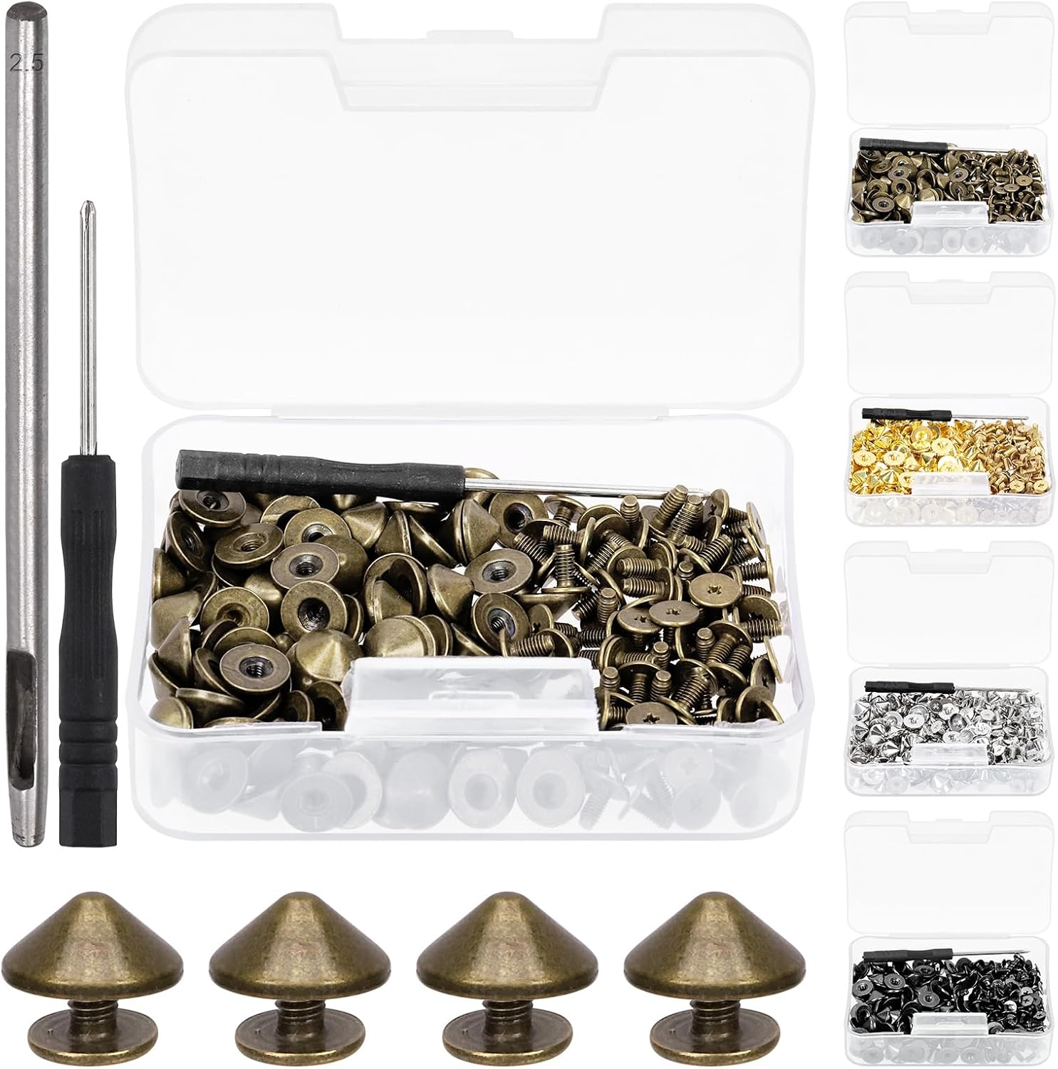 Swpeet 102Pcs Bronze Color Cone Spikes and Studs Kit with Hole Punch and Screwdriver, Back Leather Craft Rapid Rivet Screws, Spikes Bullet Cone Spikes Screw for Clothing Shoes Leather Craft