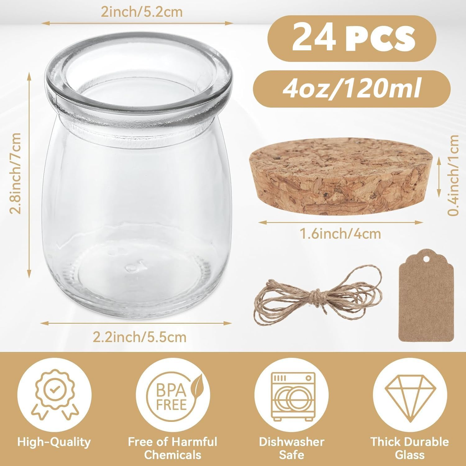 24 Pack Mini Yogurt Jars with Cork Lids, 4 Oz/120Ml Glass Favor Jars, Mini Pudding Jar, Mason Candle Bath Salt Jar, Wedding Favors Honey Pot, Extra Twine, Labels and Cleaning Brush image number 4