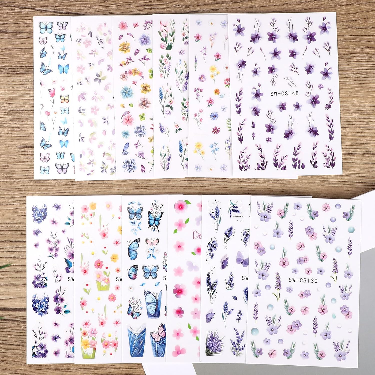 12 Sheets Flower Nail Stickers, 3D Self-Adhesive Flower and Leaf Plant Nail Decals Spring Summer DIY Manicure Decorations for Women Girls image number 1