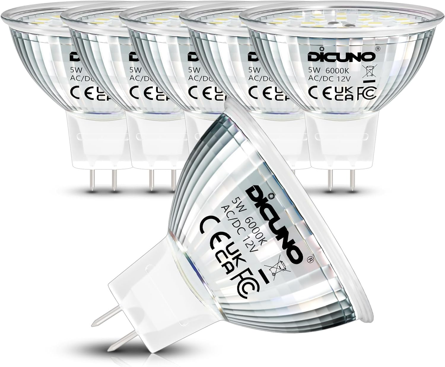 Dicuno MR16 LED Bulb, GU5.3 5W Spotlight, 50W Halogen Equivalent, 500LM, Warm White 2700K, 12V, 120&deg; Beam Angle, Non-Dimmable, 6 Packs