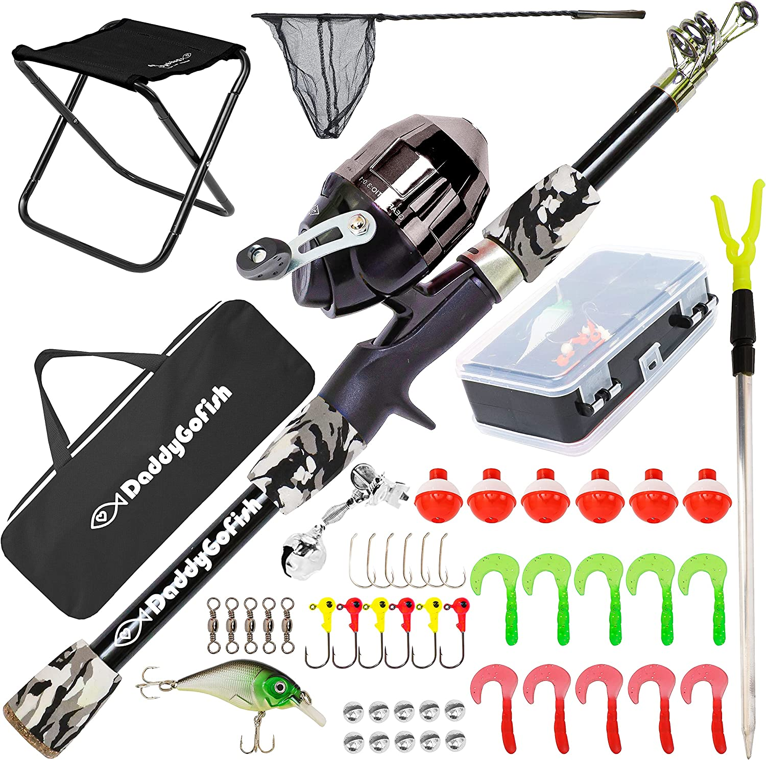 Daddygofish Kids Fishing Pole &ndash; Telescopic Rod & Reel Combo with Collapsible Chair, Rod Holder, Tackle Box, Bait Net and Carry Bag for Boys and Girls
