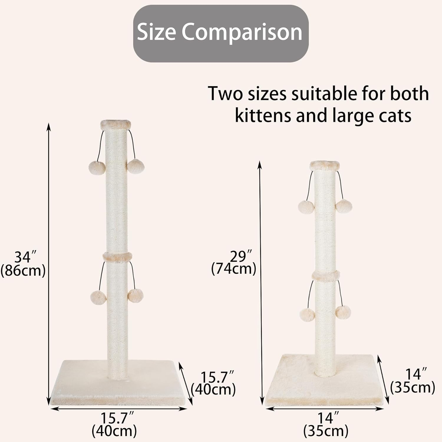 Dimaka 34'' Cat Scratching Post, Cat Scratching Post, Cat Scratcher for Large Cats with Teasing Toy Ball, Natural Sisal White and Grey (Beige) image number 5