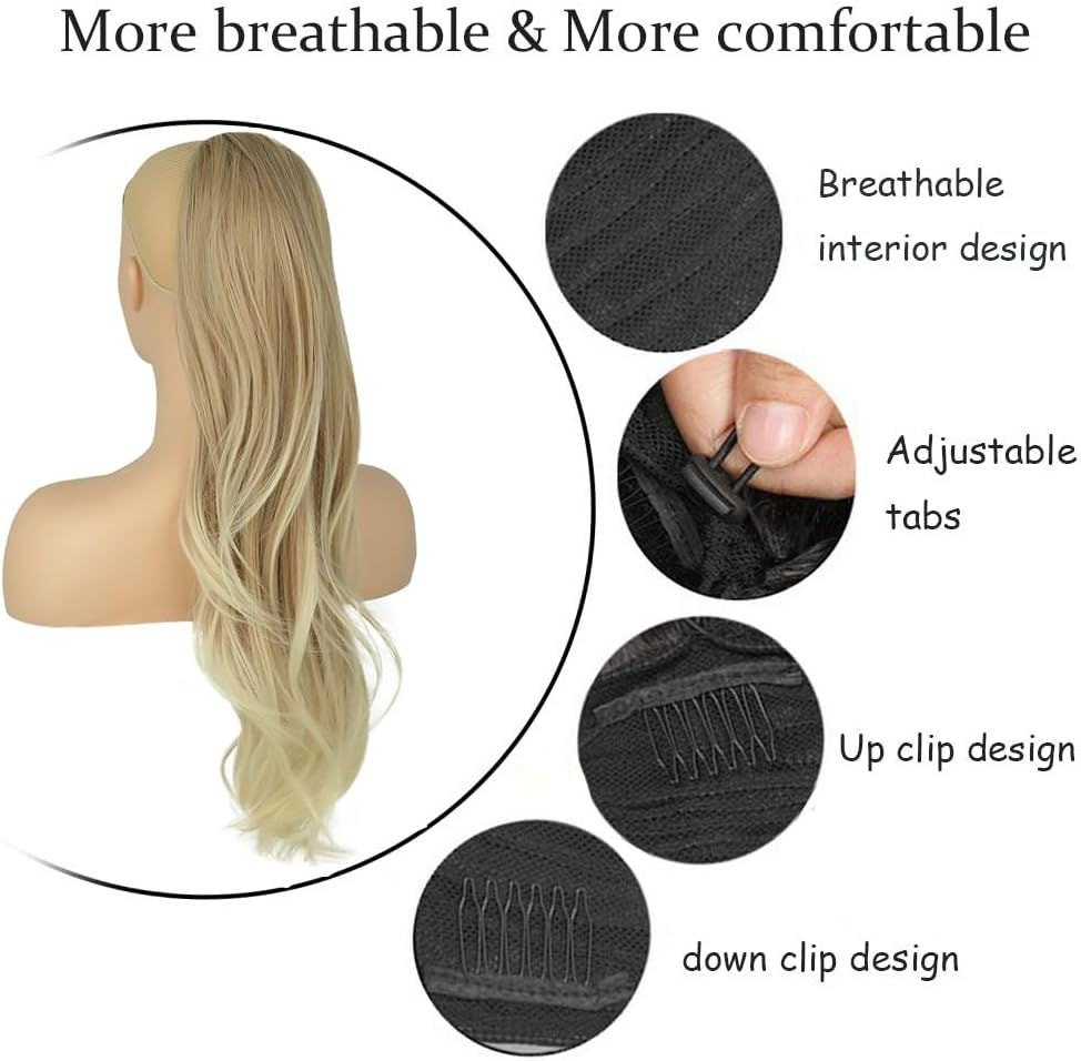 PORSMEER Long Braid Ponytail Hairpiece Hair Extension with Drawstring Long Straight Wavy Natural Synthetic Hair Ponytail Extensions Brown with Blonde for Women Afro Ladies, 65 Cm - Ombre Blonde-27/613T image number 5